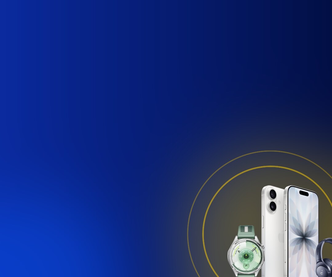 Galaxy Tab, iPhone 17, Huawei Watch GT6, soundcore headphones and an Anker power bank